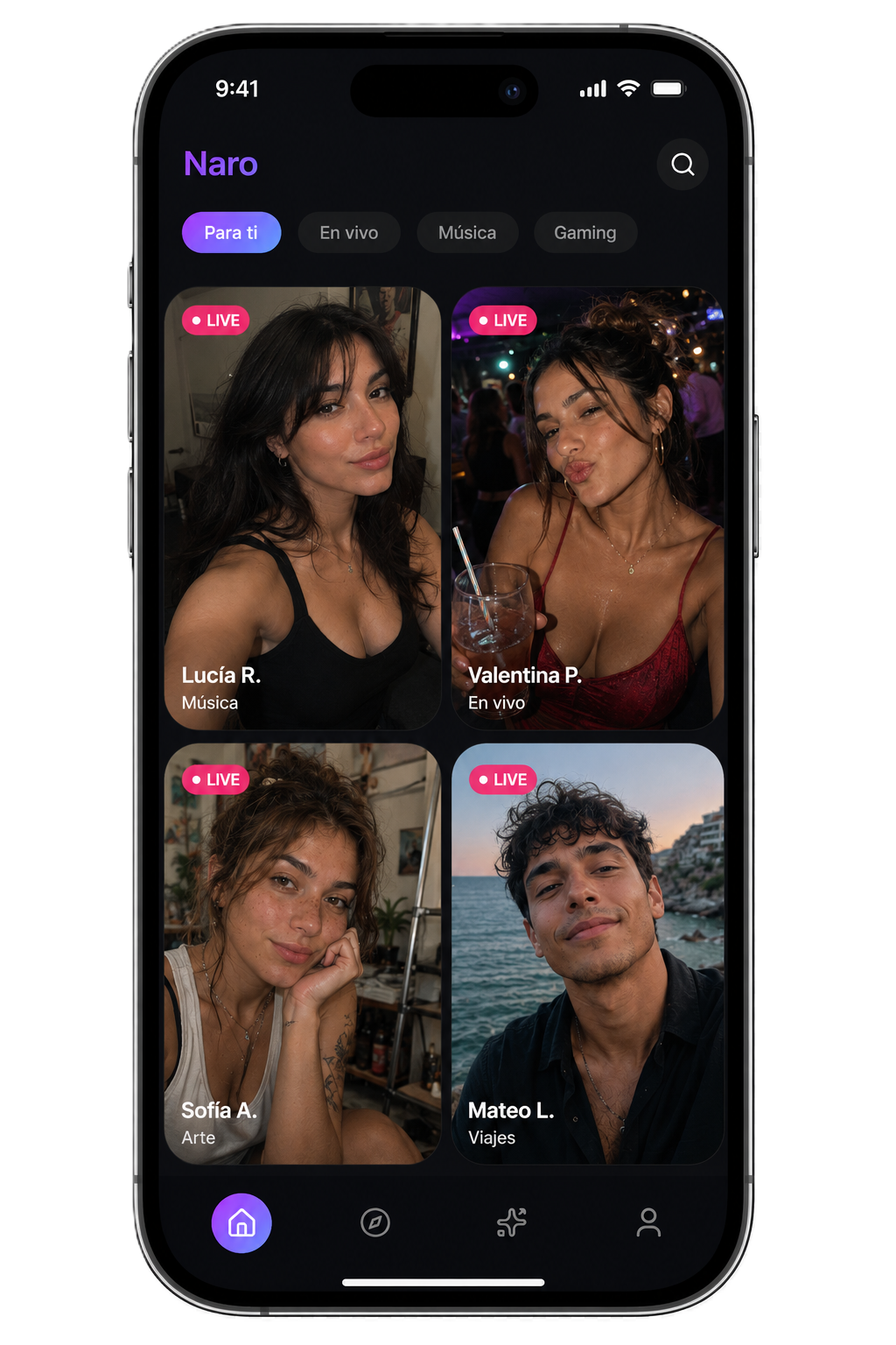 Naro — feed de creadores en vivo